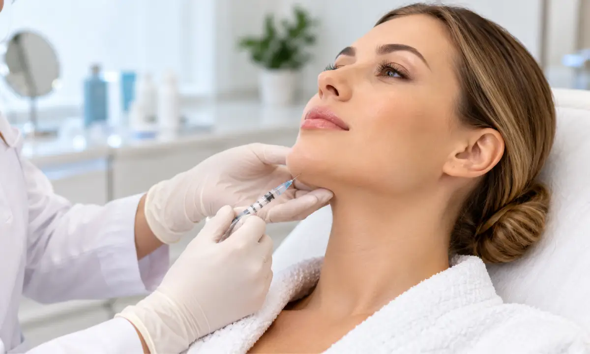 Woman receiving a Kybella injection in Cheyenne, WY beneath the chin from a medical professional in Jill Girany DBA AgeLess Medical
