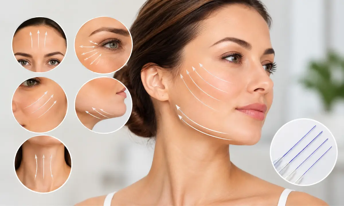 PDO thread lift treatment In Cheyenne, WY areas for the face and jawline, including cheeks, chin, jawline, temples, and neck.